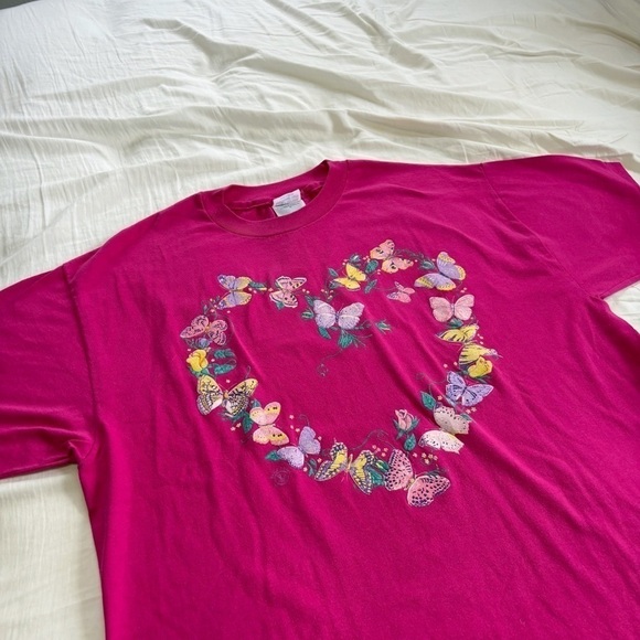 Vintage 90s hot pink butterfly heart nature tee size XL - Picture 3 of 8